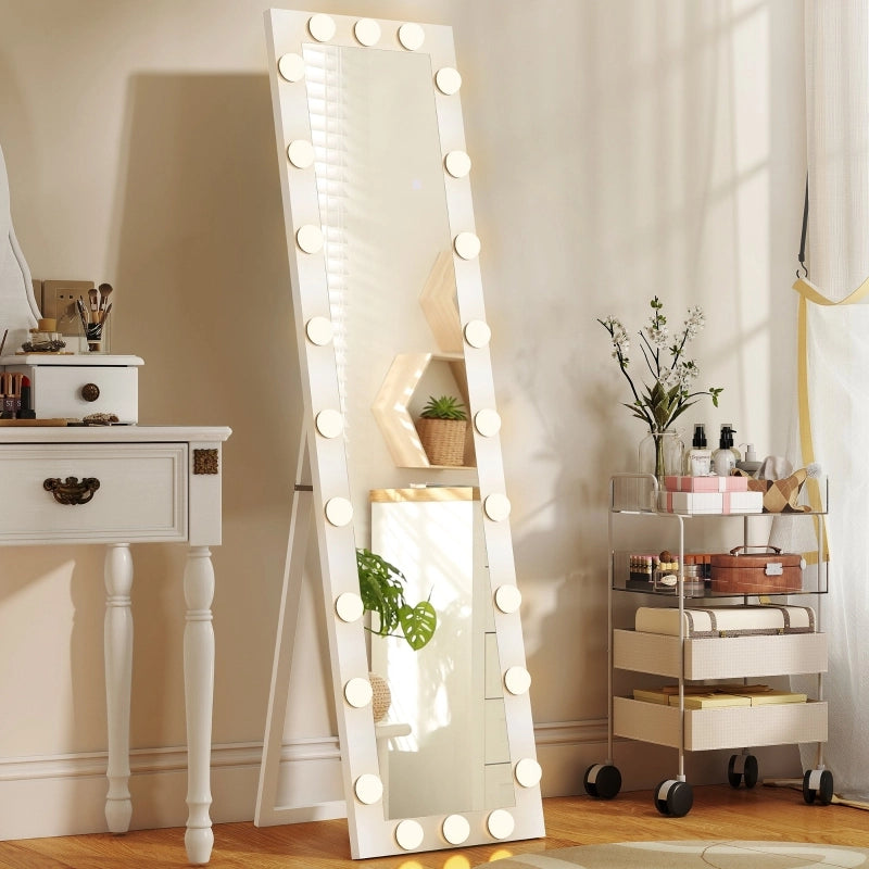 Specchio intero LED 150x40 cm con 24 lampadine, freestanding, appoggiabile o da parete, bianco
