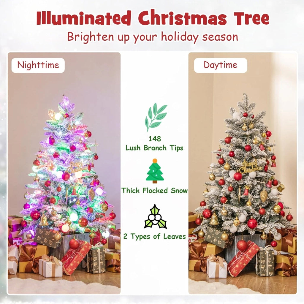 Mini Albero di Natale Artificiale 100 cm con Luci LED, Albero di Natale Piccolo con 148 Rami, Christmas Tree Innevato da Tavolo con Base, per Ufficio, Negozio, Casa, Verde e Bianco