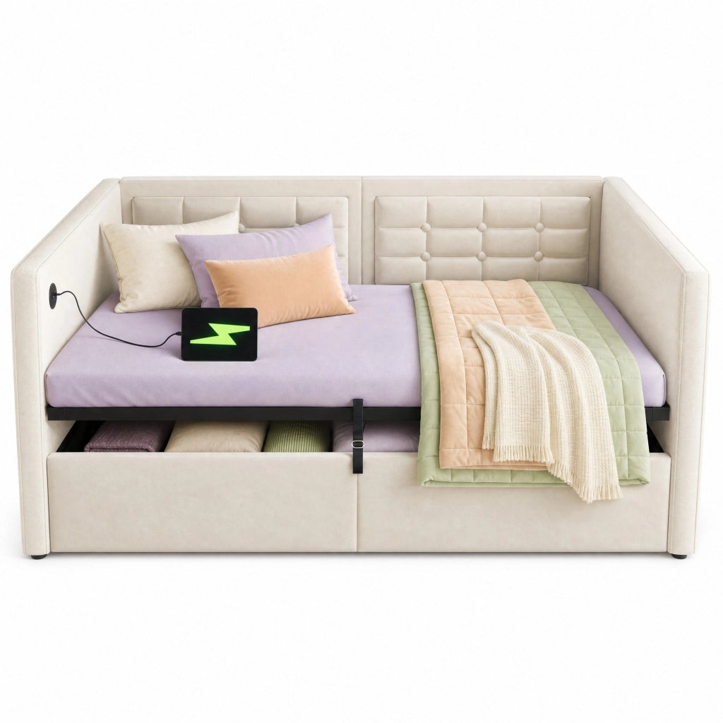 Divano letto 90x200 cm in velluto beige con vano contenitore idraulico e ricarica USB/Type-C