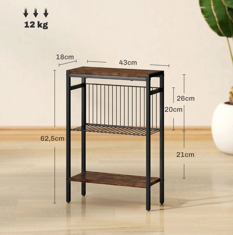 Tavolino con 3 Ripiani in Spanplaccato e Metallo, Marrone Rustico, 43x18x62,5 cm