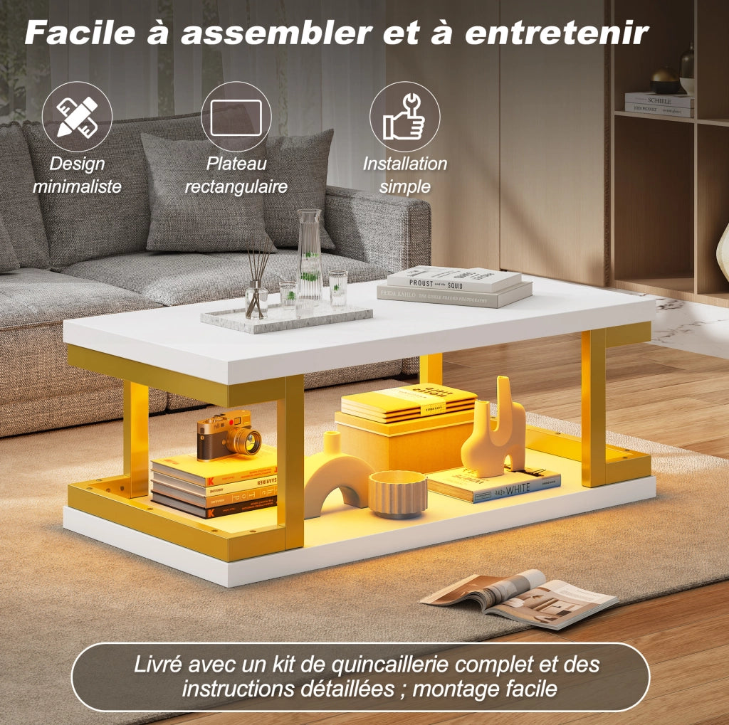 Tavolino da caffè rettangolare 100x50x37;5 cm bianco e oro con LED; MDF e metallo