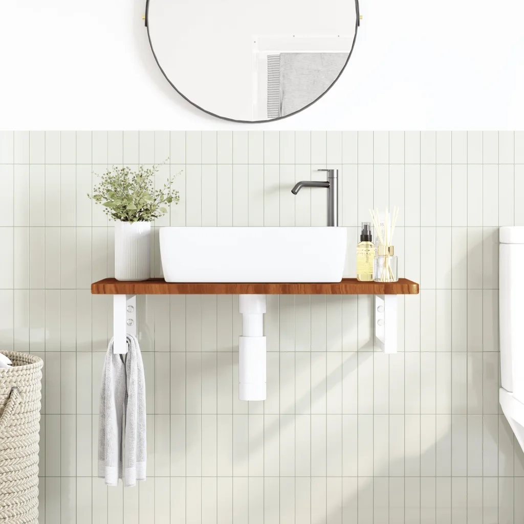 Ripiano a Parete per Lavabo in Acciaio e Massello di Rovere