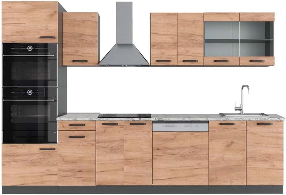 Cucina componibile R-Line, Quercia dorata, 300 cm con armadio alto, PL Marmo, adatto per combinazioni ed espansioni personalizzate