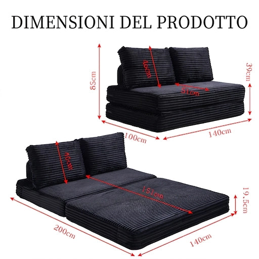 Divano letto a due posti 140 cm multifunzionale senza braccioli in velluto a coste; nero
