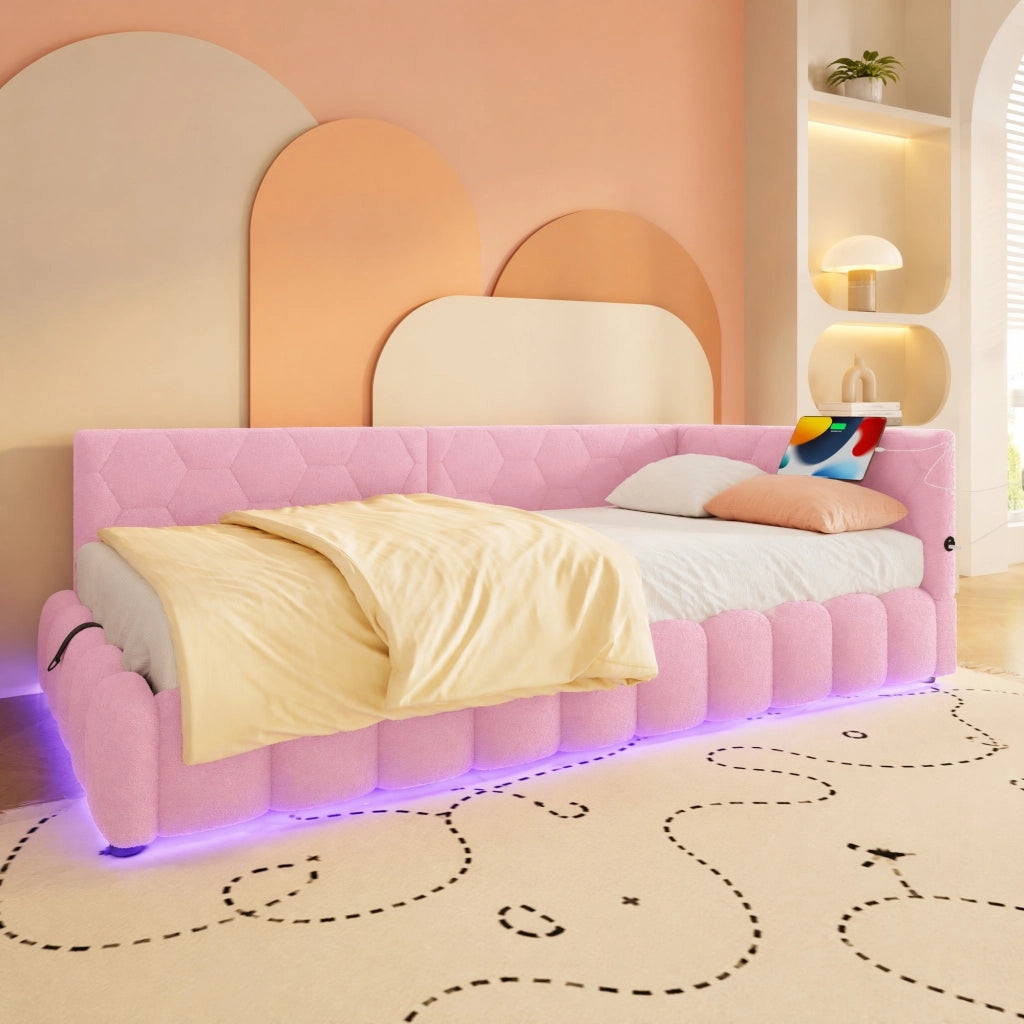 Letto da giorno 90 x 200 cm con vano idraulico; LED; USB e Type-C; velluto rosa