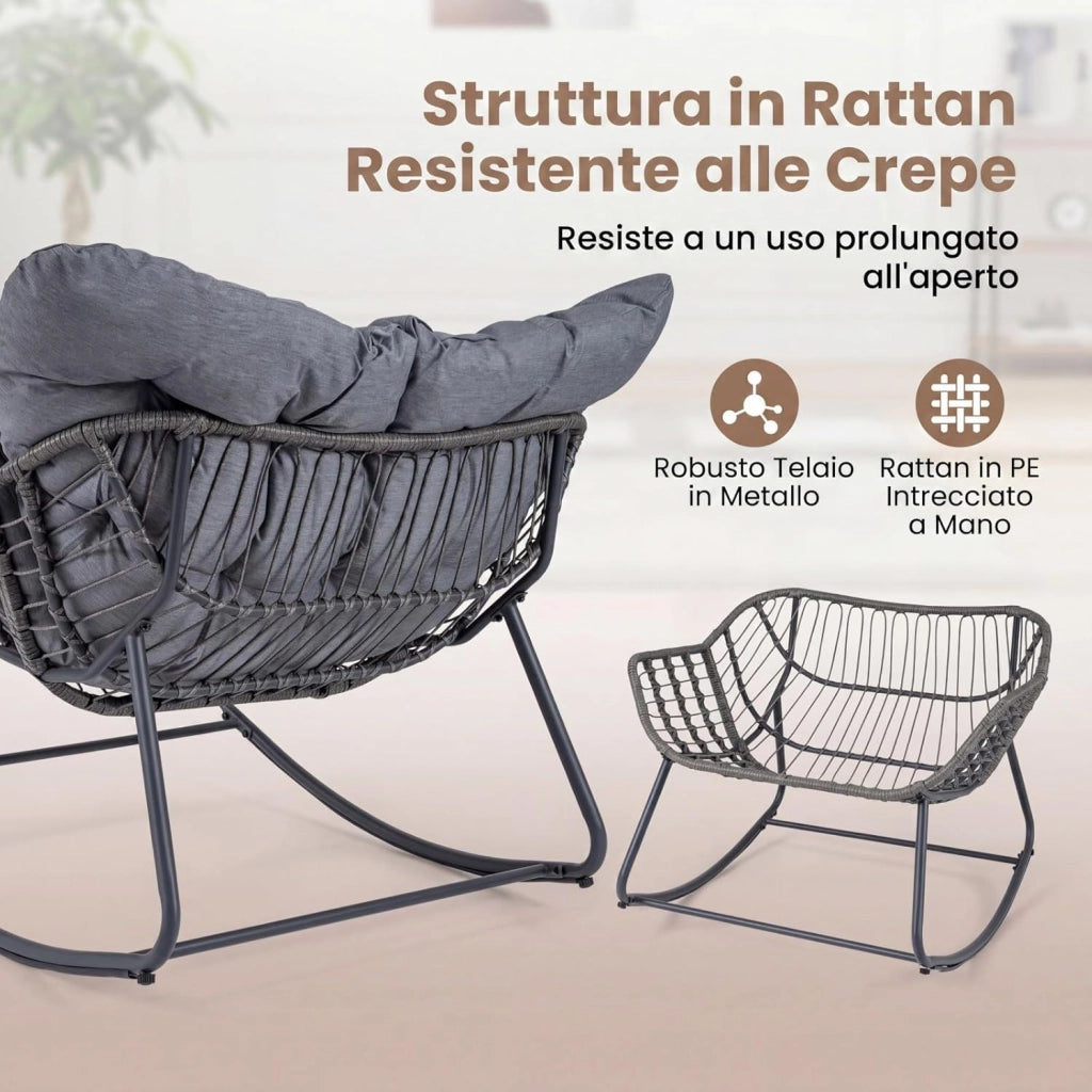 Sedia a Dondolo da Interno ed Esterno, Poltrona a Dondolo con Poggiapiedi e Cuscini Rimovibili, Poltrona Relax in Rattan con Telaio in Metallo per Soggiorno e Giardino, Portata 150 kg (Grigio)