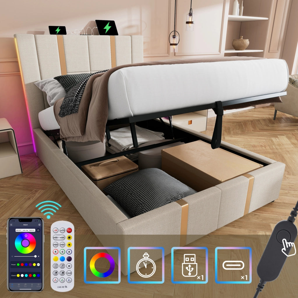 Letto imbottito 90x200 cm beige con materasso, LED e ricarica USB-C