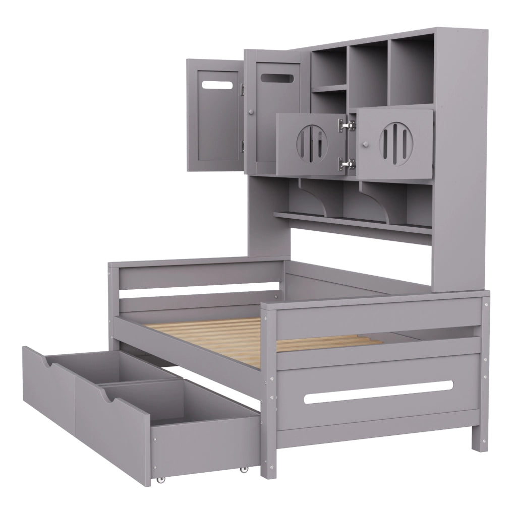 Letto 90x200 cm multifunzione con contenitore; cassetti; in legno grigio