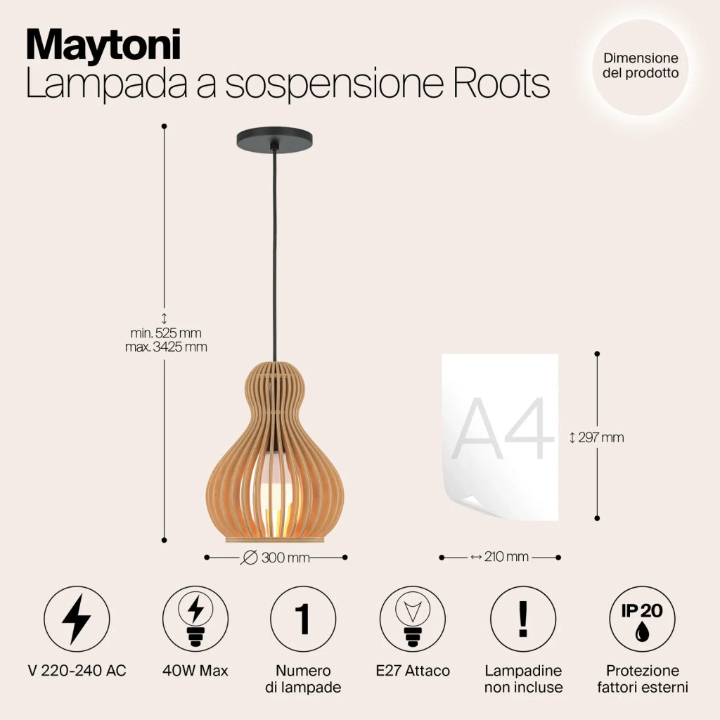 Maytoni Lampadario moderno Roots 1 luce E27 nero metallo legno