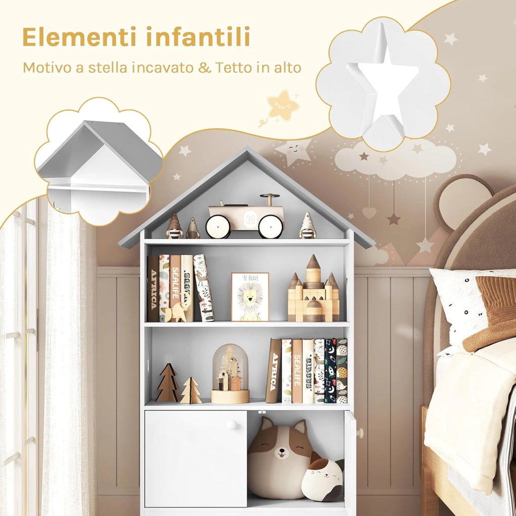 Libreria in Legno per Bambini, Scaffale a Forma di Casa, Porta Giochi Organizzatore per Cameretta, con Ante Bianco + Tetto Grigio 62x27,2x115cm