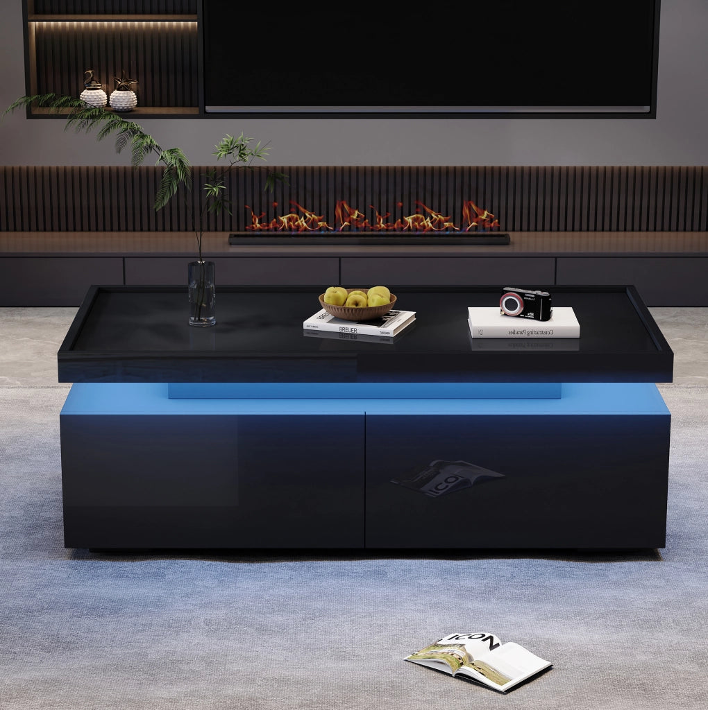 Tavolino da caffè LED nero lucido con 2 cassetti 95x45x35 cm
