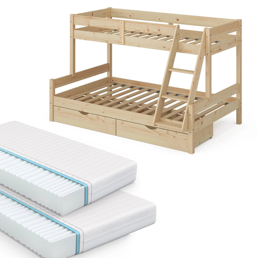 Vitalispa Letto a castello Legno naturale 120x200 / 80x200 cm con 2 materassi e 2 cassetti