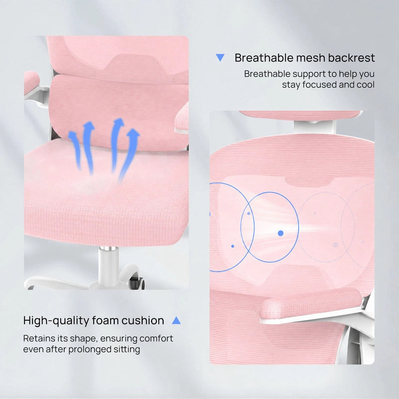Sedia da ufficio ergonomica - Poltrona HAMLODY - con braccioli pieghevoli a 90° - Supporto lombare - Regolabile in altezza Rosa