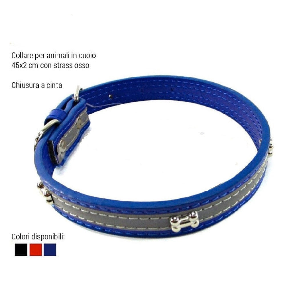 Trade Shop - Collare Per Cani Cuccioli Gatti Animali In Cuoio 45 Cm Vari Colori Strass Osso -