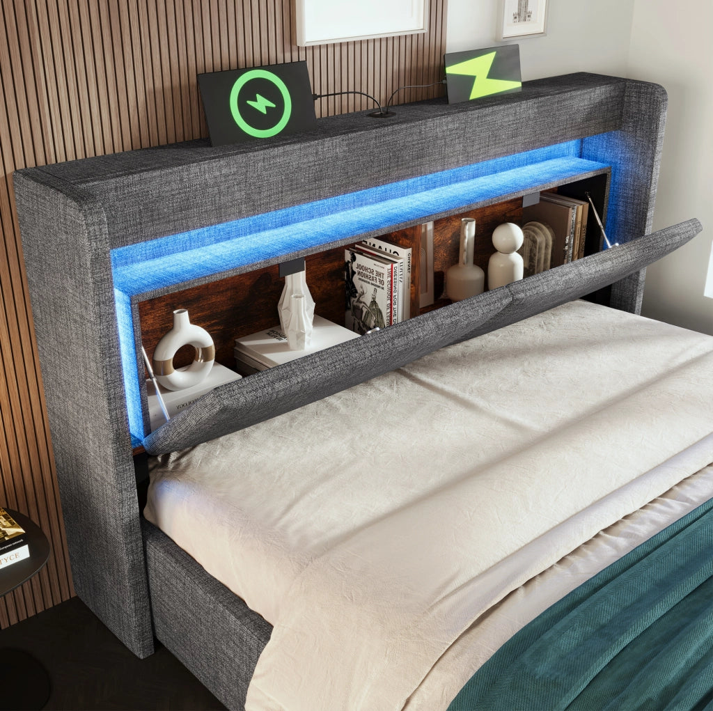 Letto imbottito grigio 160x200 cm con contenitore, testiera con ricarica e LED