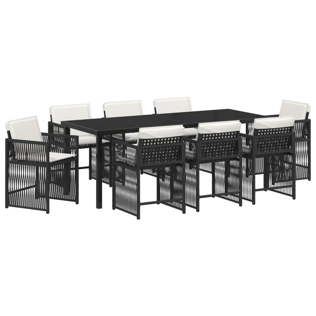 Set da pranzo da giardino di 9 pezzi con cuscini in polyrattan nero