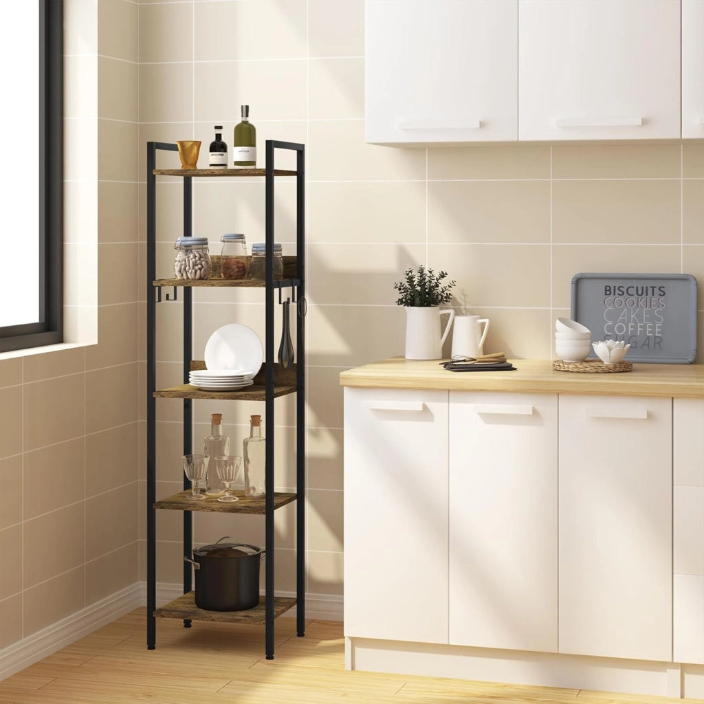 Libreria a 6 Ripiani, Scaffale con 4 Ganci Industriale, Scaffale a Scala in MDF e Metallo per Soggiorno, Cucina, Studio, Ufficio,Bianco,40x30x187cm RGB931hov