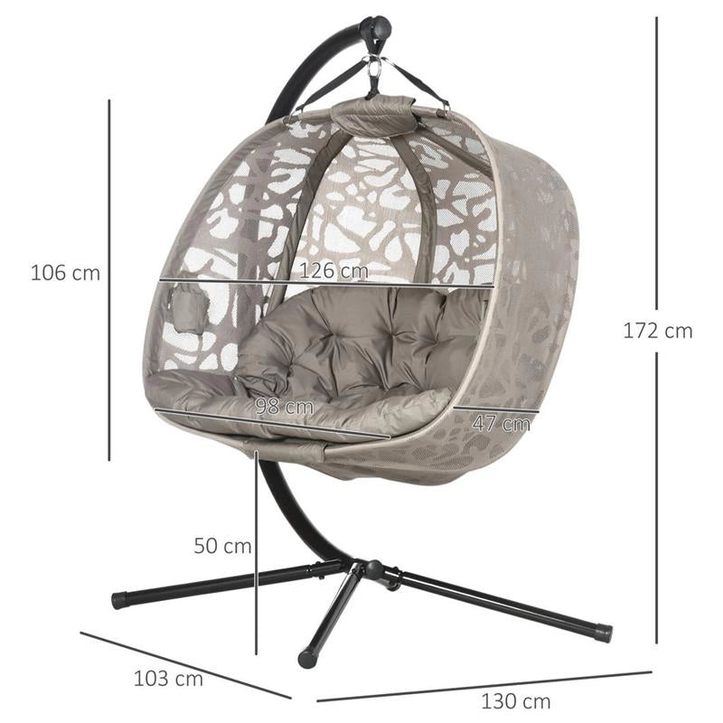 POLTRONA SOSPESA 2 POSTI CON 2 TASCHE, 2 CUSCINI E CESTO PIEGHEVOLE, 130X103X172 CM