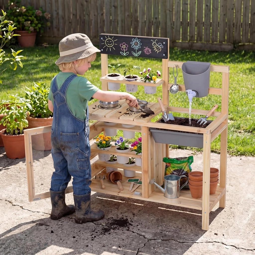 Cucina per Bambini in Legno, Cucina di Fango da Esterno con Serbatoio, Lavello, 12 Vasi di Fiori Rimovibili, Lavagna, Ripiano Inferiore e Accessori per Cucinare per Bambini 3+ Anni