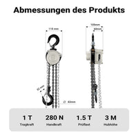 Paranco a catena manuale V21-1, capacità di carico 1 t, altezza di sollevamento 3 m, leggero e compatto, per impieghi gravosi