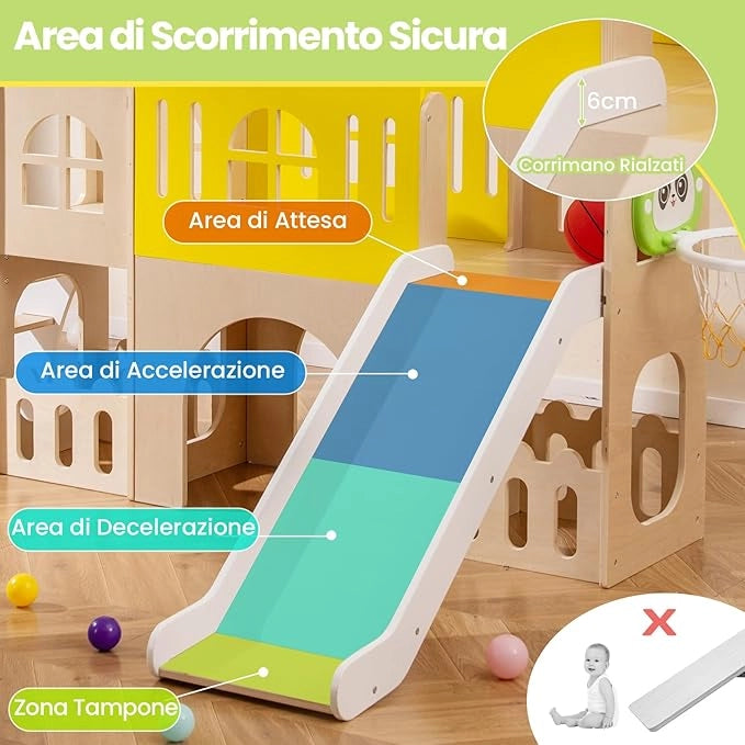 7 in 1 Set da Scivolo per Bambini, Parco Giochi in Legno Interno ed Esterno con Arrampicata Canestro da Basket Corridoio Tunnel, Forma di Castello per Bambini 3 Anni +