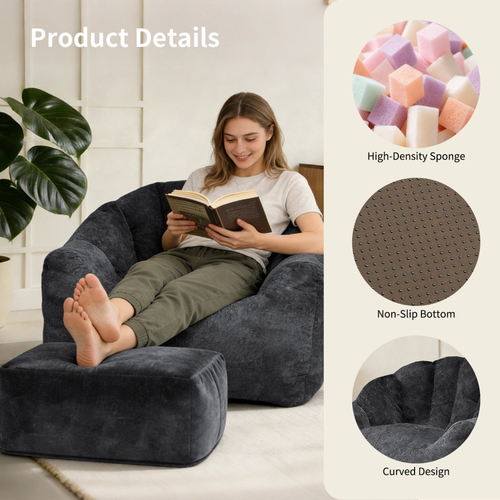 Fauteuil con pouf a petalo con schienale imbottito e seduta morbida in tessuto flanella nero per salotto e studio