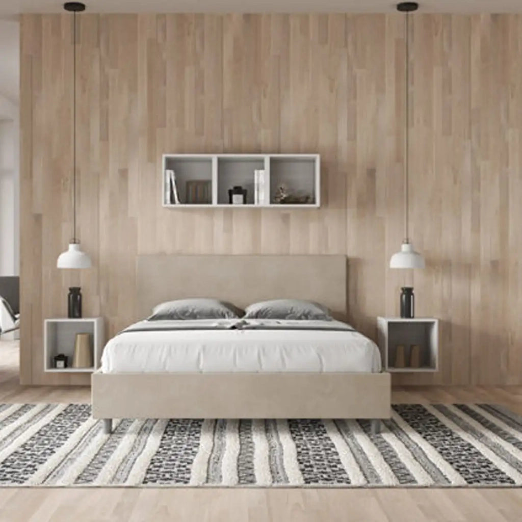 Letto matrimoniale senza rete imbottito 160x190 microfibra sabbia Adele