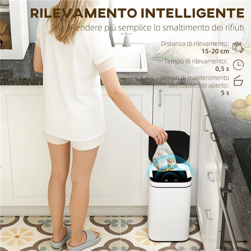 BIDONE PER IMMONDIZIA DA 13L CON SENSORE E SPAZIO PER DEODORANTI, IN ACCIAIO E PP, 24X24X41 CM, BIANCO E NERO