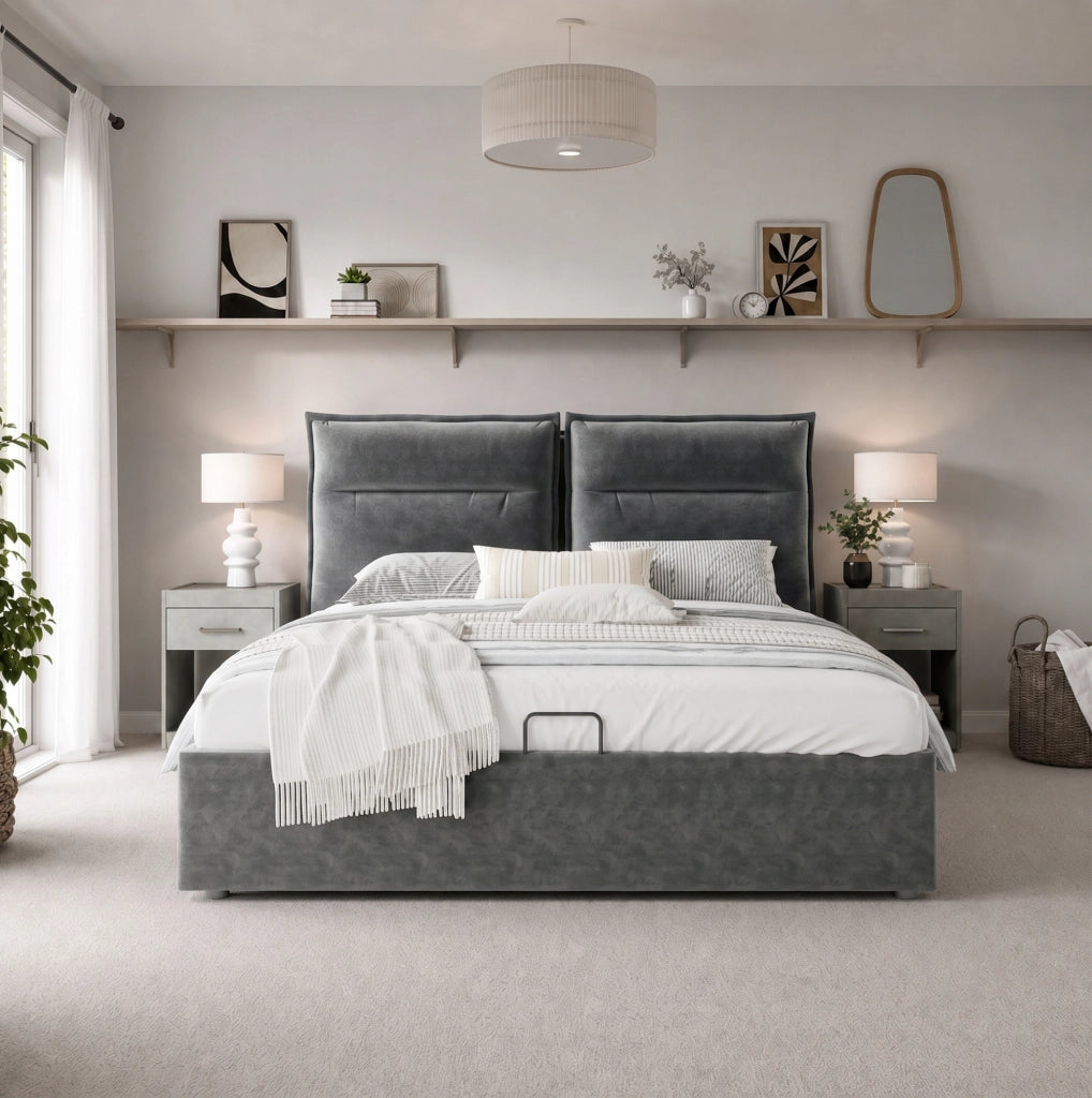 Letto matrimoniale 140x200 cm con contenitore; testiera regolabile; velluto grigio