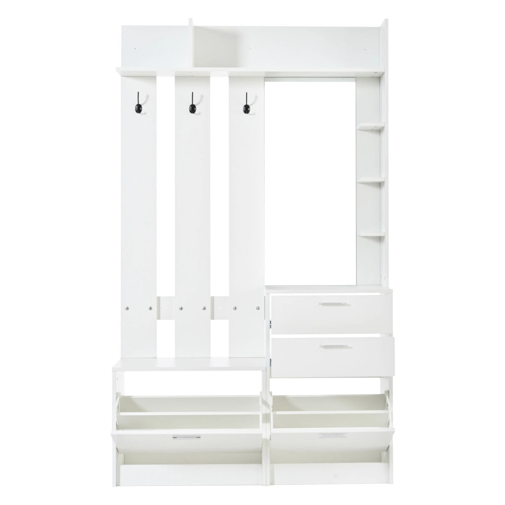 Garderobenschrank multifunzionale bianco 110¡Á34¡Á185 cm con specchio, 2 cassetti, 2 scarpieri ribaltabili e 3 ganci