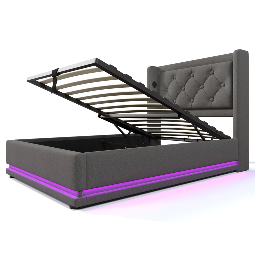 Letto imbottito singolo ULEVR 90x200 cm con contenitore idraulico, LED, USB e Type-C, cotone grigio