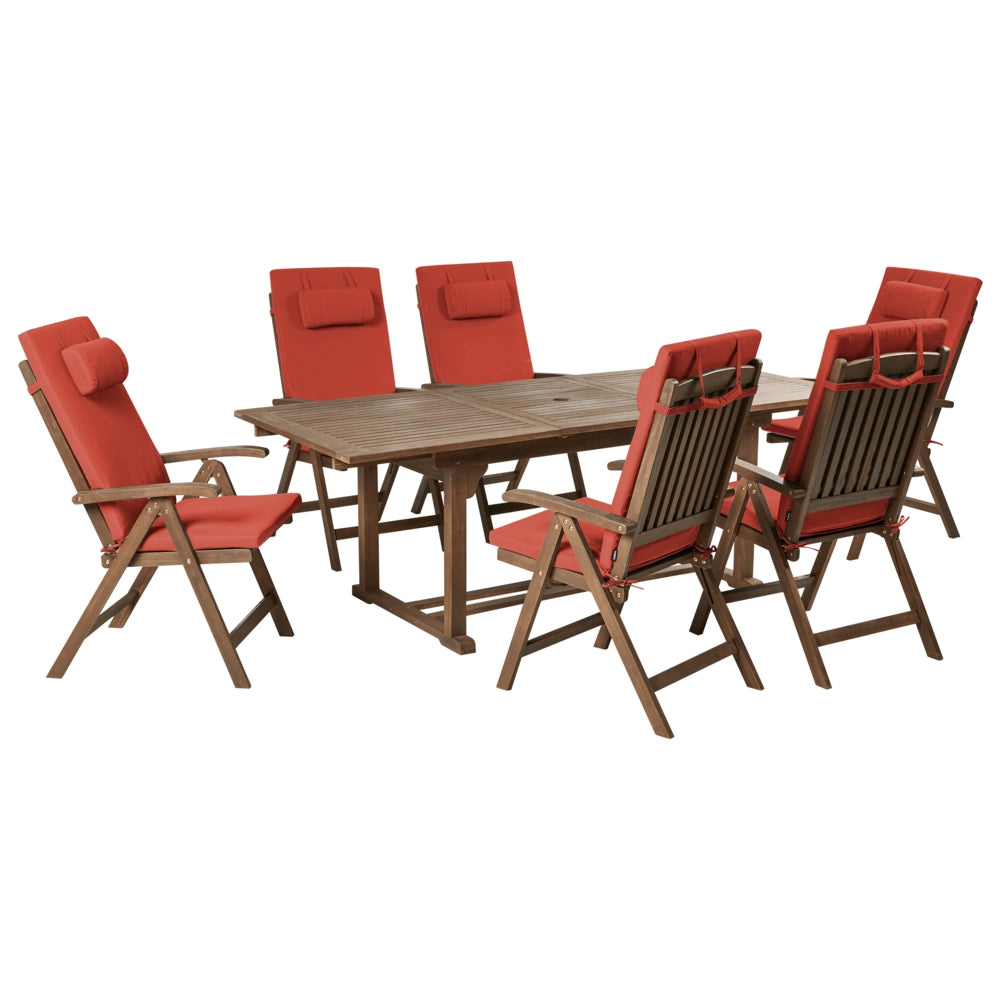 Set da giardino con 6 sedie in legno di acacia marrone scuro con cuscini rosso in stile rustico con cuscini