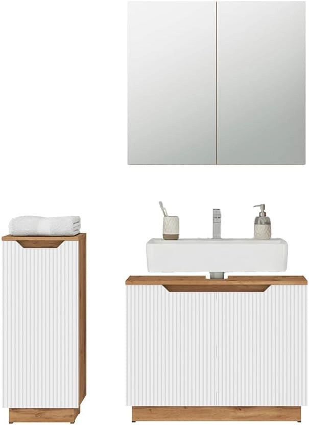 Set di mobili da bagno Lotta, Rovere/bianco a strisce, 3 parti