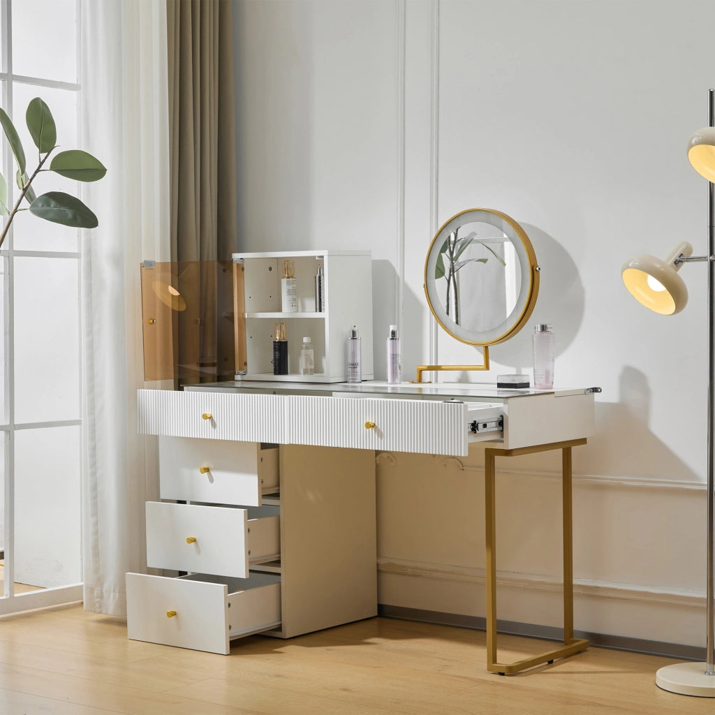 Set toeletta con specchio LED a 3 colori, piano in vetro, bianco e oro, 120 x 45 x 115 cm
