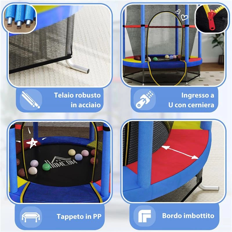 TAPPETO ELASTICO PER BAMBINI 3-6 ANNI CON RETE DI PROTEZIONE 6 COLONNE E 3 INGRESSI Ø 140X190 CM MULTICOLORE