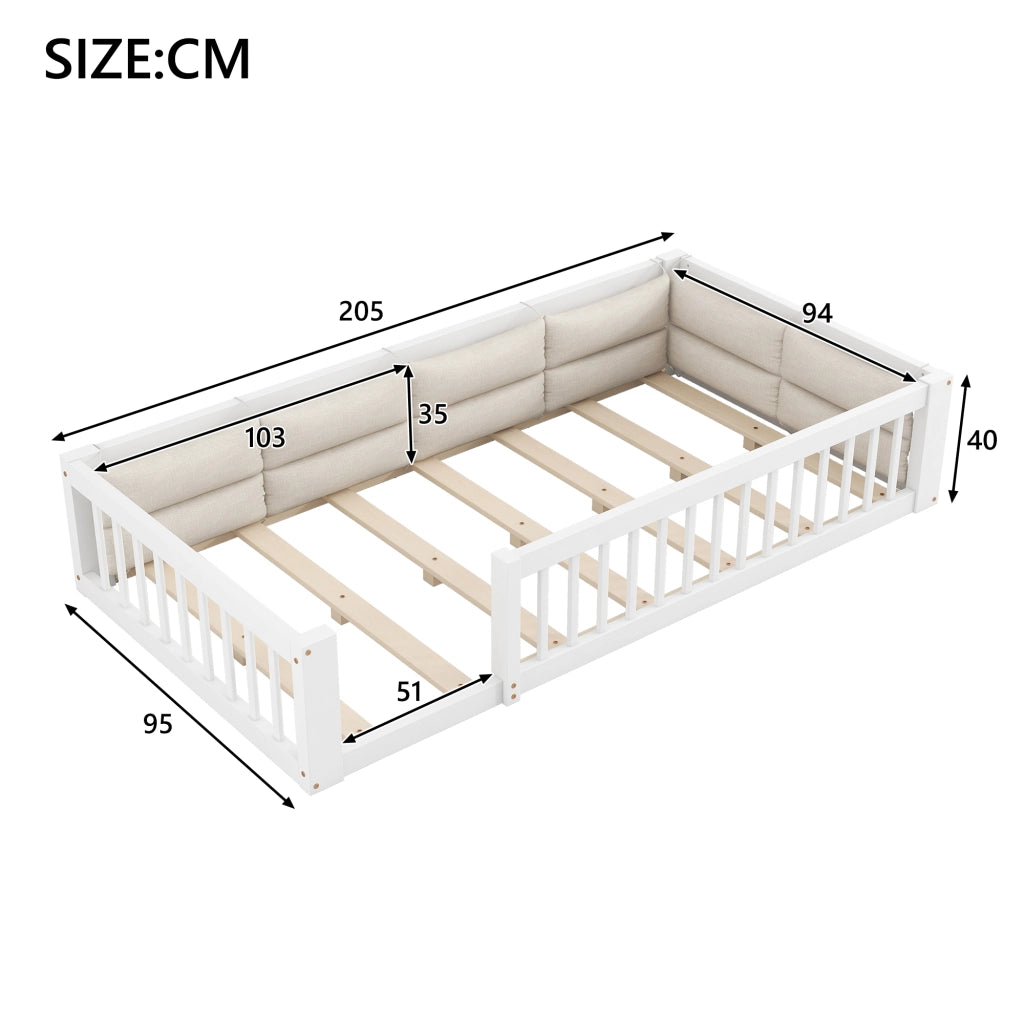 Letto a piattaforma 90x200, letto singolo bianco con cuscini e sponde