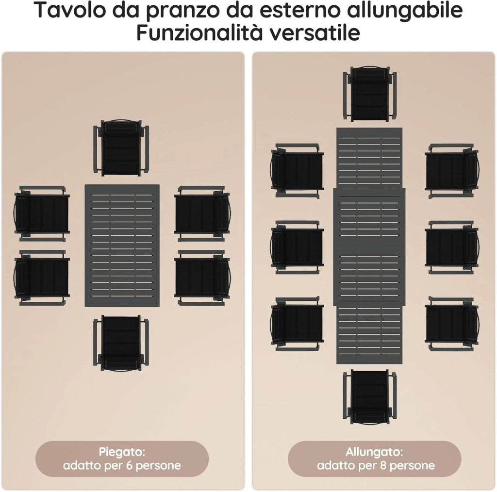 Tavolo da pranzo allungabile 130 X 80 X 75 Cm, tavolo da balcone in alluminio, resistente alle intemperie, allungabile fino a 260 cm, gambe regolabili, Grigio scuro