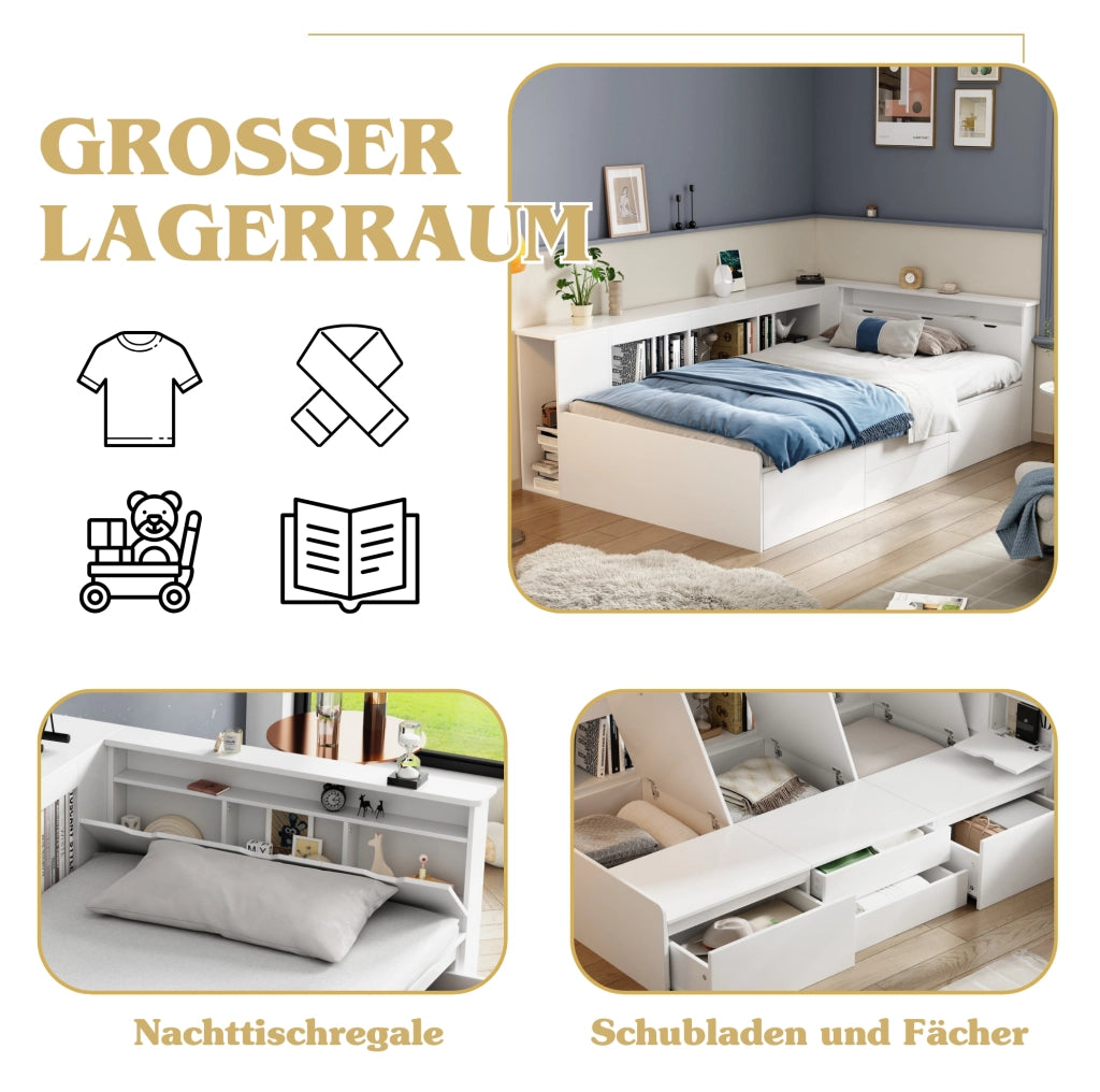 Letto per bambini 90x200 cm in MDF bianco con cassetti e vani portaoggetti; senza materasso
