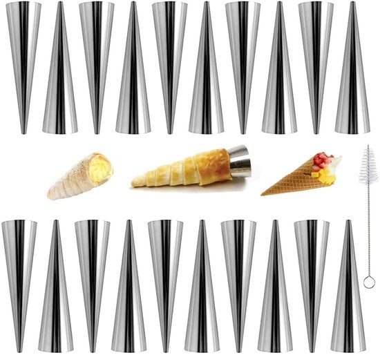 Forme per caramelle in forma di cono - 20 pezzi - Dimensione grande 12x3,5 cm - Forme a forma cilindrica in acciaio inossidabile - Ideali per il dolce - Resistenti al lavastoviglie - Incluso il rullo.
