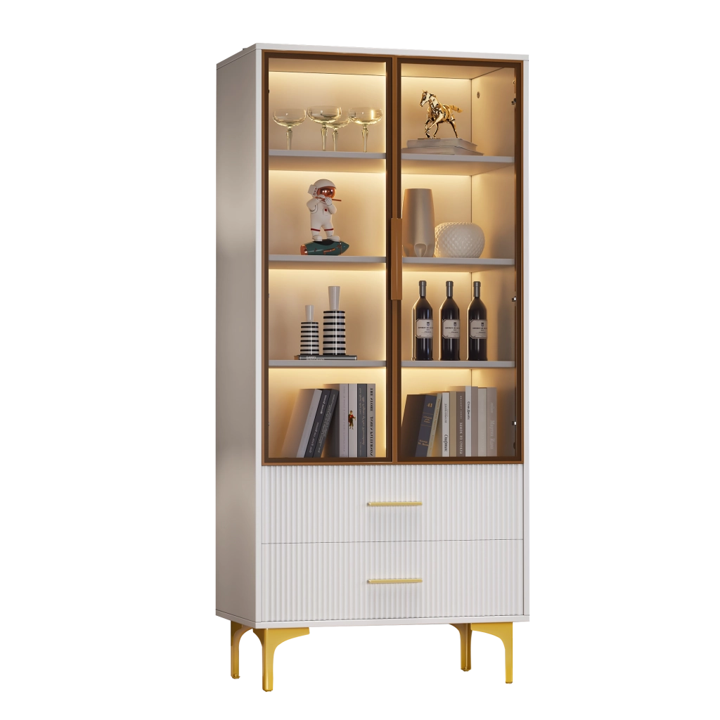 Vetrina con 2 Ante; 2 Cassetti; 3 Ripiani di cui 2 Regolabili e LED; per Soggiorno; in Pannelli; Bianco; 70 x 35 x 150 cm
