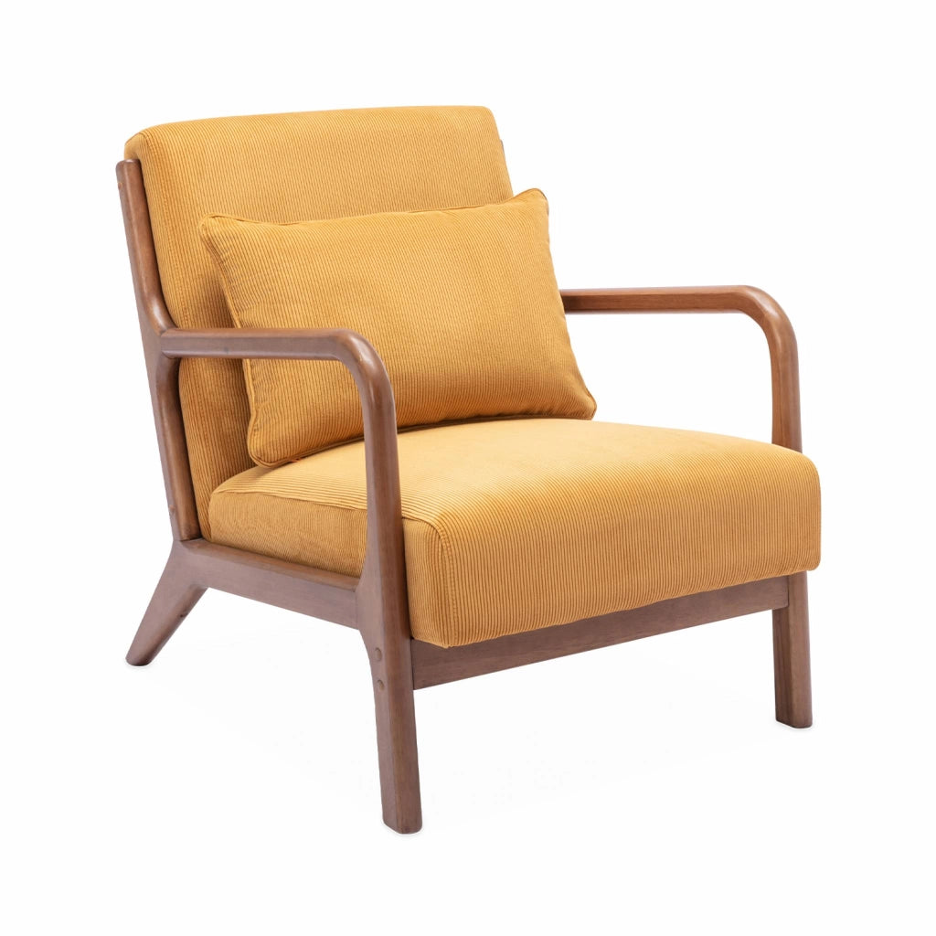 Poltrona scandinava in velluto a coste e legno di hevea, ocra