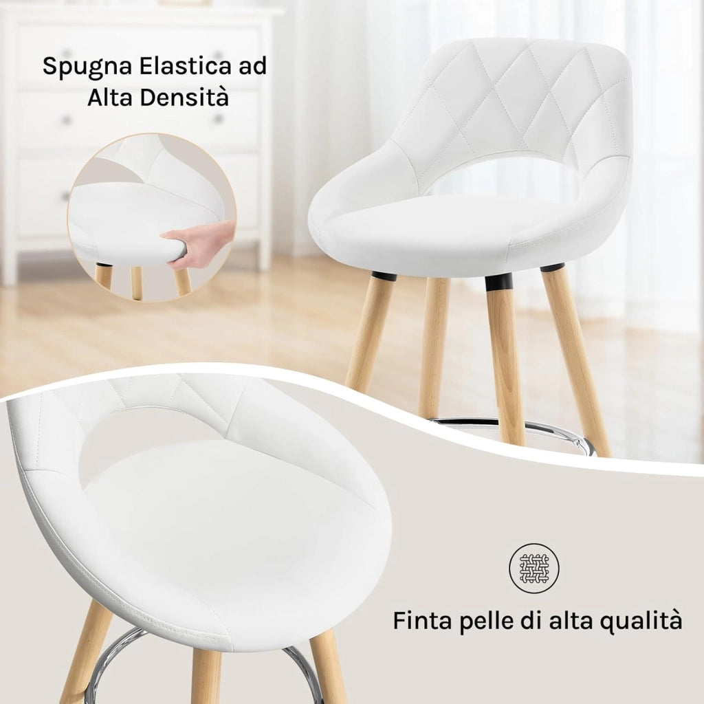Sgabello da Cucina, Sgabello da Bar per Colazione Alto con Poggiapiedi e Schienale, Sedile in Pelle Sintetica+Gambe in Legno, Bianco, BH111ws-1