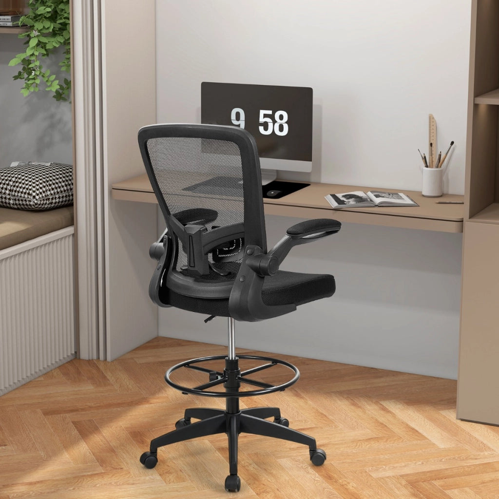 Sedia girevole con altezza regolabile braccioli a ribalta anello poggiapiedi, Sedia da ufficio 68x68x108-128cm Nero-Sedie da ufficio