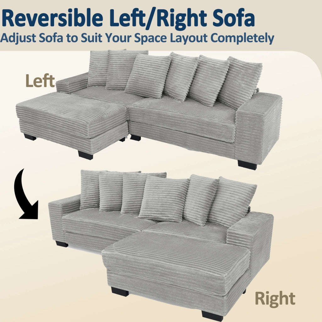 Divano angolare reversibile 4 posti con chaise longue e 6 cuscini in velluto a coste grigio 256,5 × 133,5 × 89 cm
