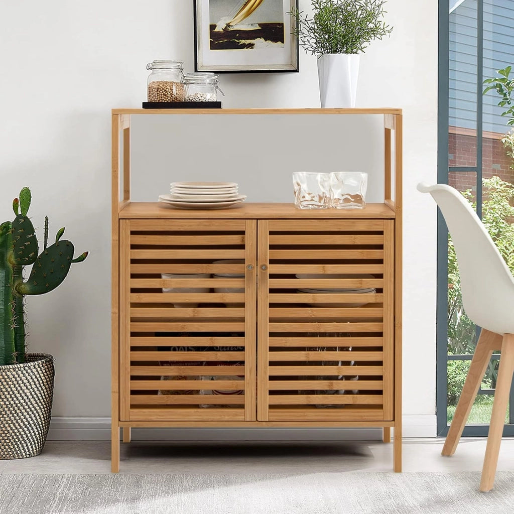 Mobile da Bagno in Bambù, Armadietto da Bagno con Ripiano Aperto e Doppie Porte, Ripiano Rimovibile, per Bagno, Soggiorno, Cucina, Ingresso, 64 x 27,5 x 80 cm