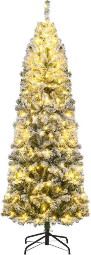 Albero di Natale Slim 180cm, Albero di Natale Innevato con 260 Luci LED, 8 Modalità, 533 Rami in PVC e Base in Metallo Pieghevole, Decorazione Natalizia per Casa e Ufficio (180 cm)