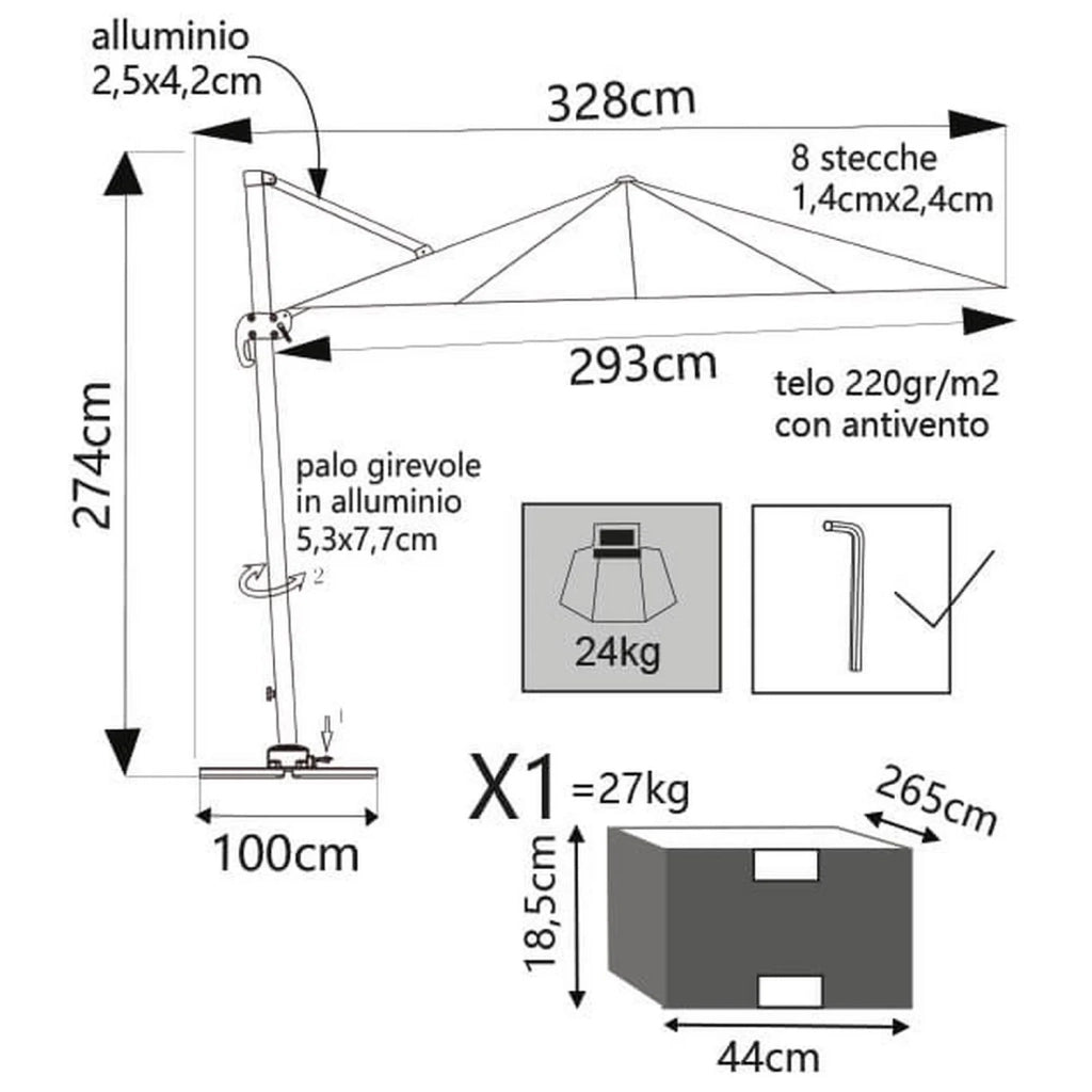 Ombrellone da giardino 3x4 in alluminio con telo in poliestere Tortora palo Tortora antivento mod. Saturno