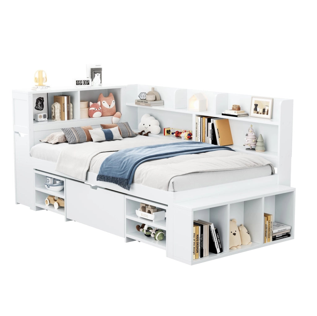 Letto singolo per bambini 90x200 cm con cassetti e scaffali