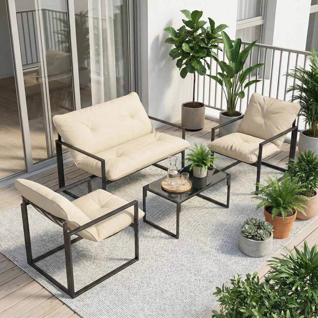 Set 4 Pezzi da Giardino con Divanetto 2 Poltrone e Tavolino in Acciaio, Poliestere e Cotone PP Beige e Grigio