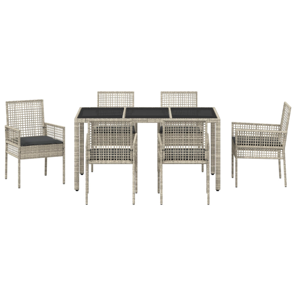 Set da pranzo da giardino 7 pezzi con cuscini grigio chiaro in polyrattan